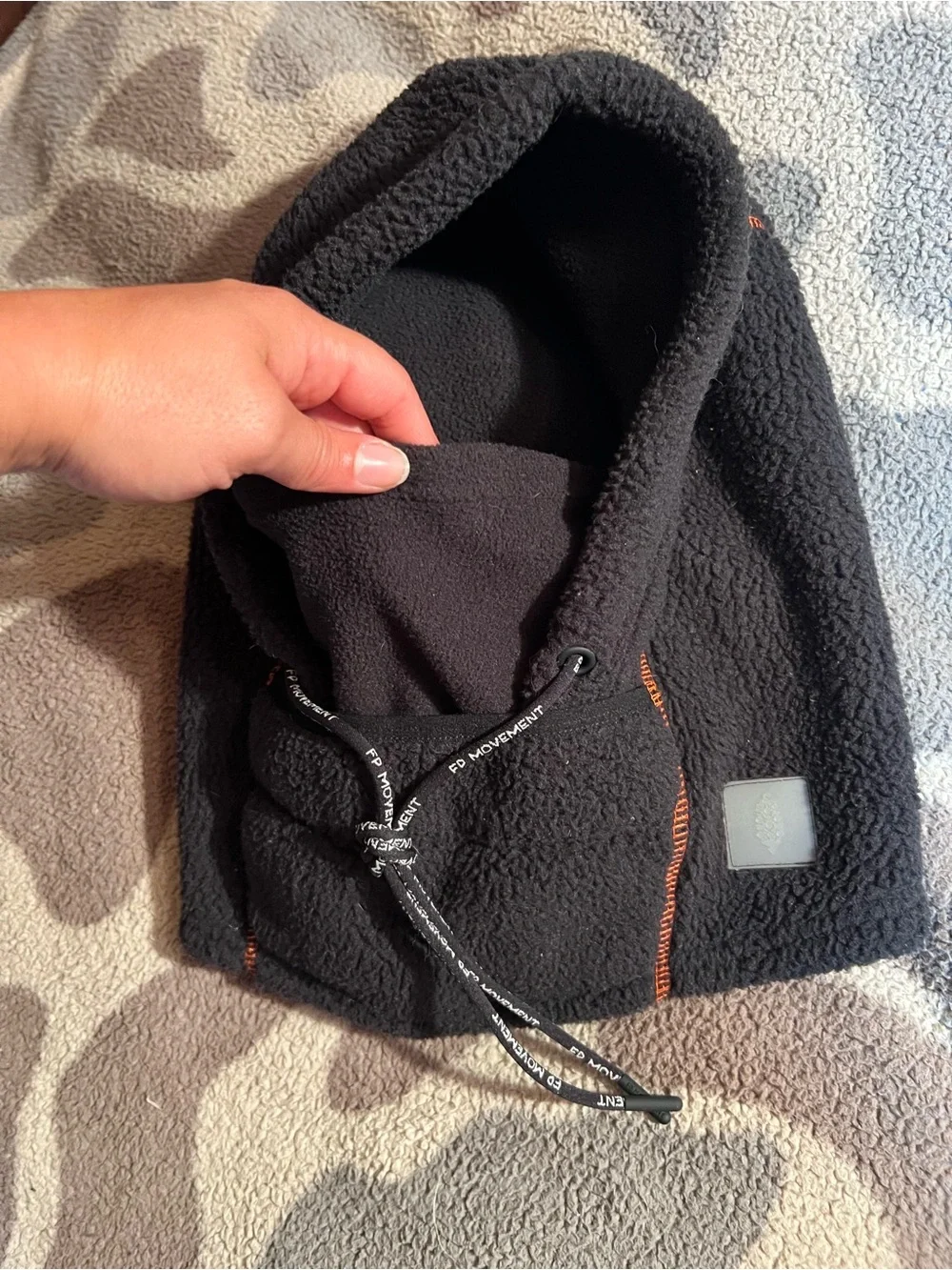 Free People Black Sherpa Hood with Orange Stitching